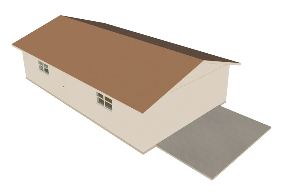 The house built from the description in 3D: a long house under a gable roof, windows either side of its front door and a slab at its end for the carport