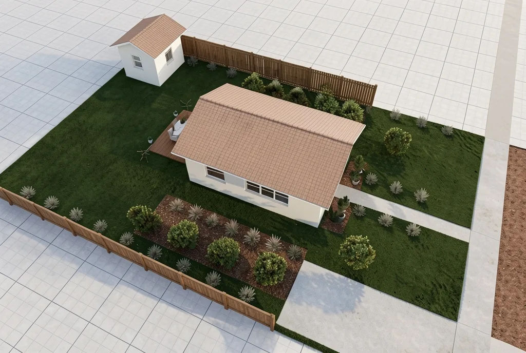 The same lot as a photograph from the air, every bed, shrub and path where it was