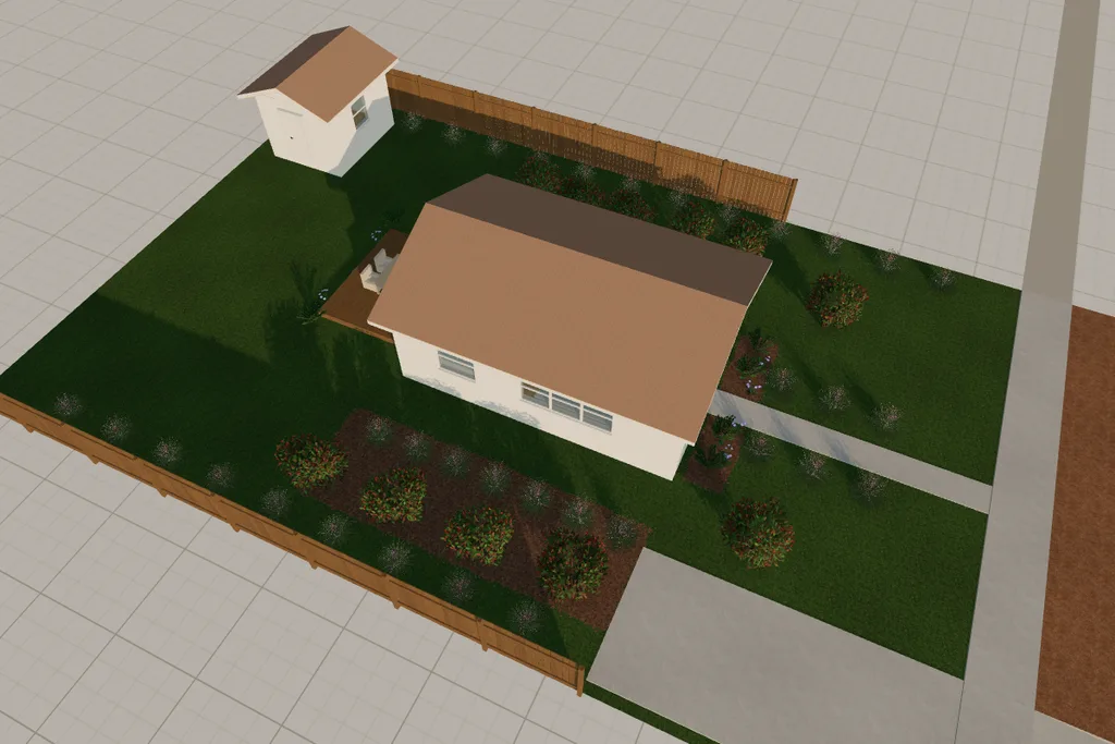 The whole lot drawn in 3D from above: the house, the shed, the fences, the planted borders, the driveway and the walk