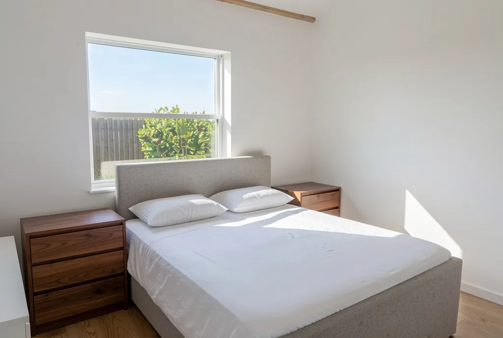 The same corner as a photograph: a bed with a grey upholstered headboard and white linen between two walnut nightstands