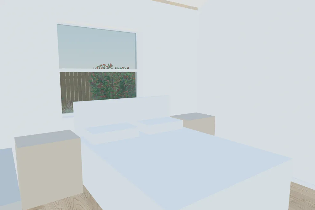 A plain white block for a bed and two boxes for nightstands, drawn in 3D under a window