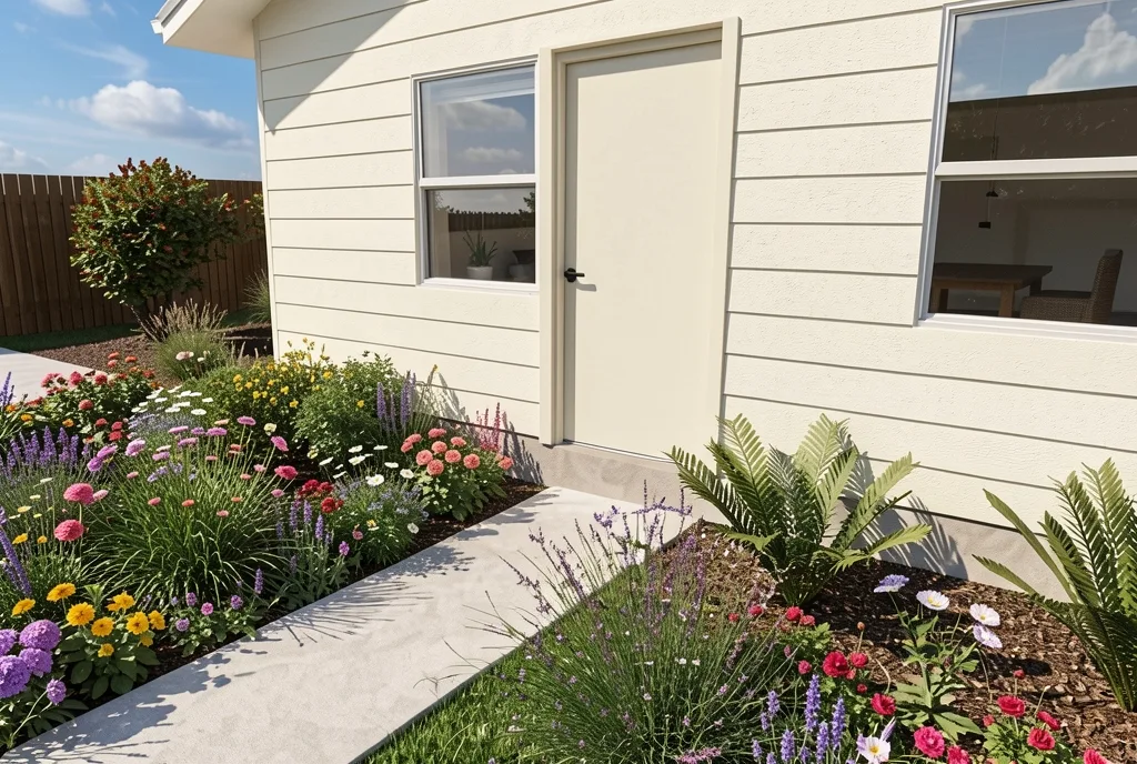 The same beds as a photograph, grown full and in flower