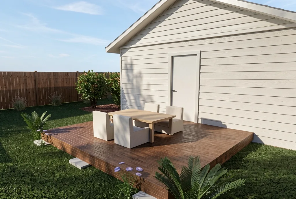 The same deck as a photograph, its boards stained and weathered, the table and chairs in pale wood and cream