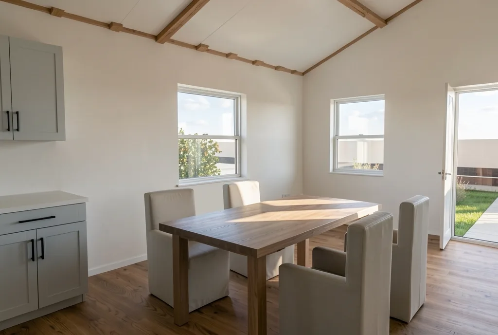 The same table as a photograph, in wood, with four upholstered chairs, morning sun through the open door