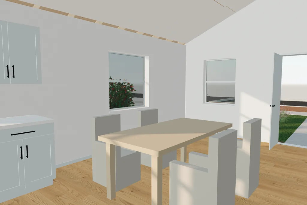 A plain table and four blocky chairs drawn in 3D, the front door standing open on the lawn