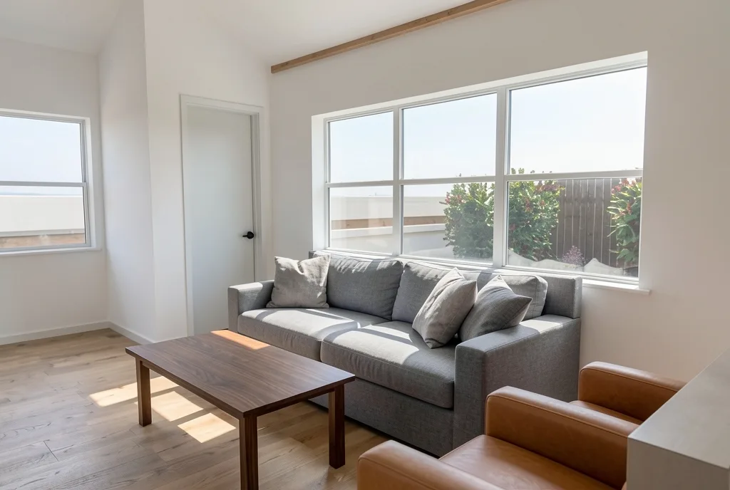The same room as a photograph: a grey linen sofa with cushions, a walnut table and a tan leather armchair, sun across the floor