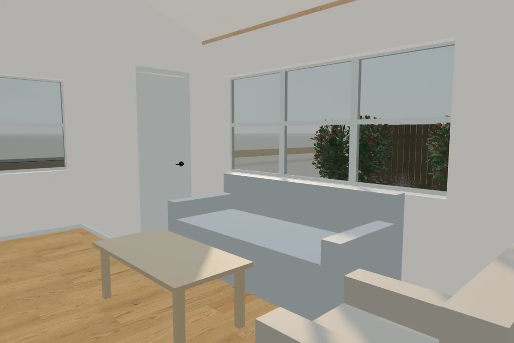 A room drawn in 3D with plain grey blocks for a sofa, a low table and an armchair under three windows