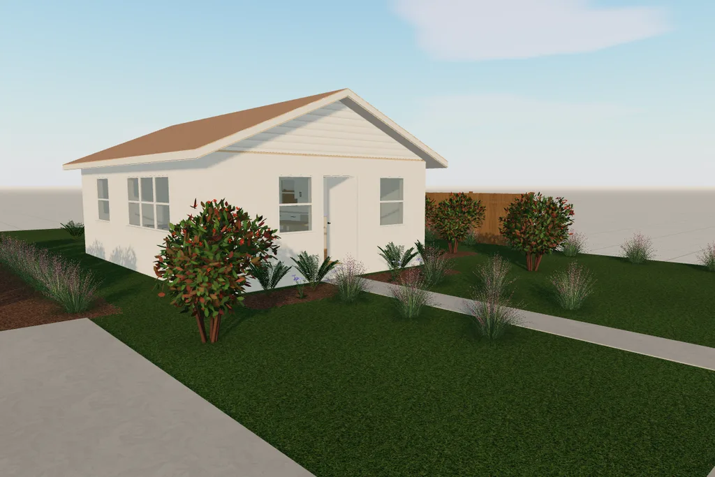 The house drawn in 3D from across its lawn, the driveway in front, shrubs and grasses along the walk