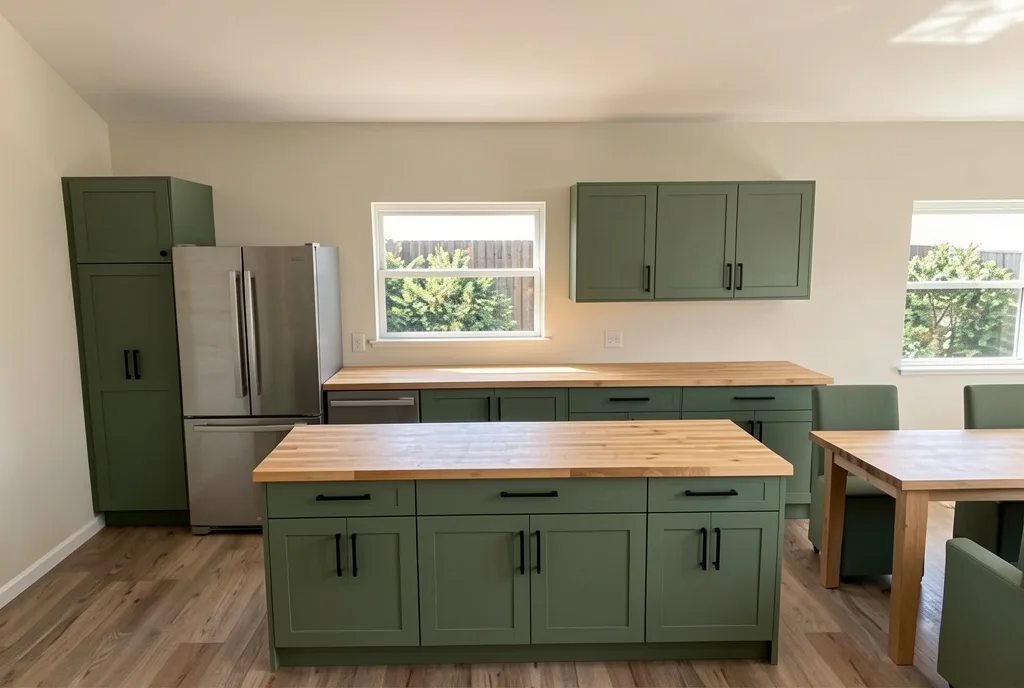 The same kitchen as a photograph with wall cabinets, an island and a dining table added, its cabinets painted sage green under butcher block countertops