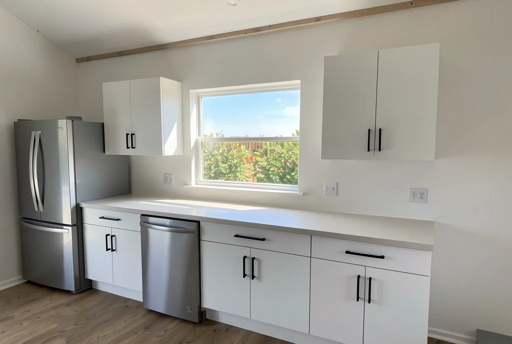 The same kitchen as a photograph: white cabinets with black pulls, a stainless refrigerator and dishwasher, an oak floor