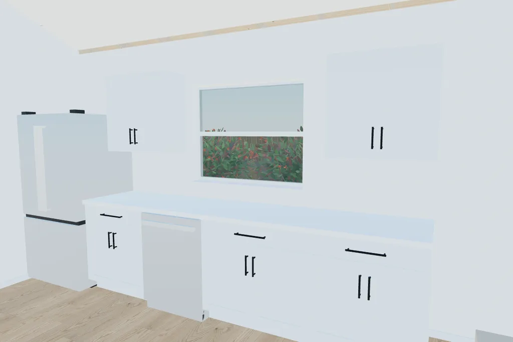 A kitchen drawn in 3D, all white: a refrigerator, base cabinets with a dishwasher under a countertop, two wall cabinets and a window