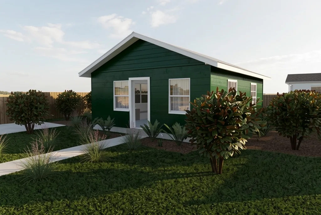 The same house as a photograph, its siding a deep green and its trim white