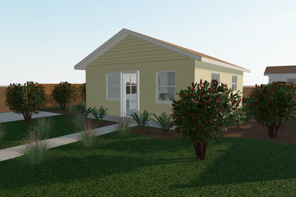 The house drawn in 3D from its front corner, its walls a muted yellow, firebush and grasses in the lawn