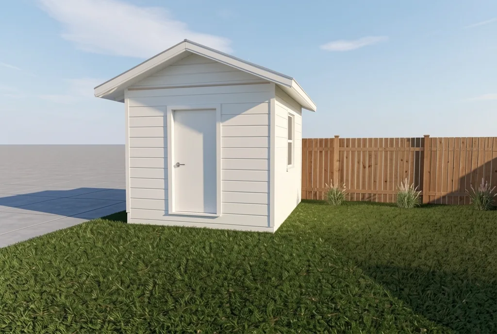 The same shed as a photograph, lap siding and a panel door, the fence and the grasses along it behind