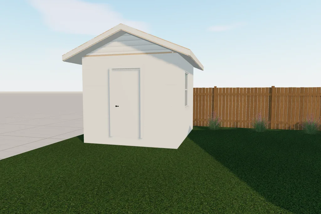 A small white shed drawn in 3D on the lawn, a wood fence behind it