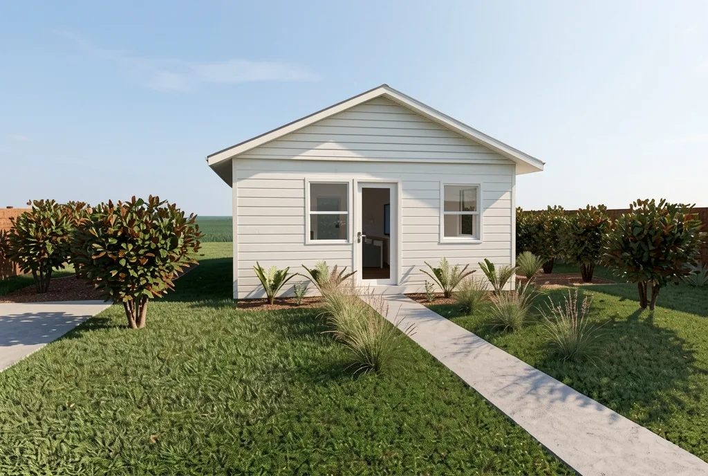 The same house as a photograph, in morning sun, the lawn, the walk and every shrub where they were