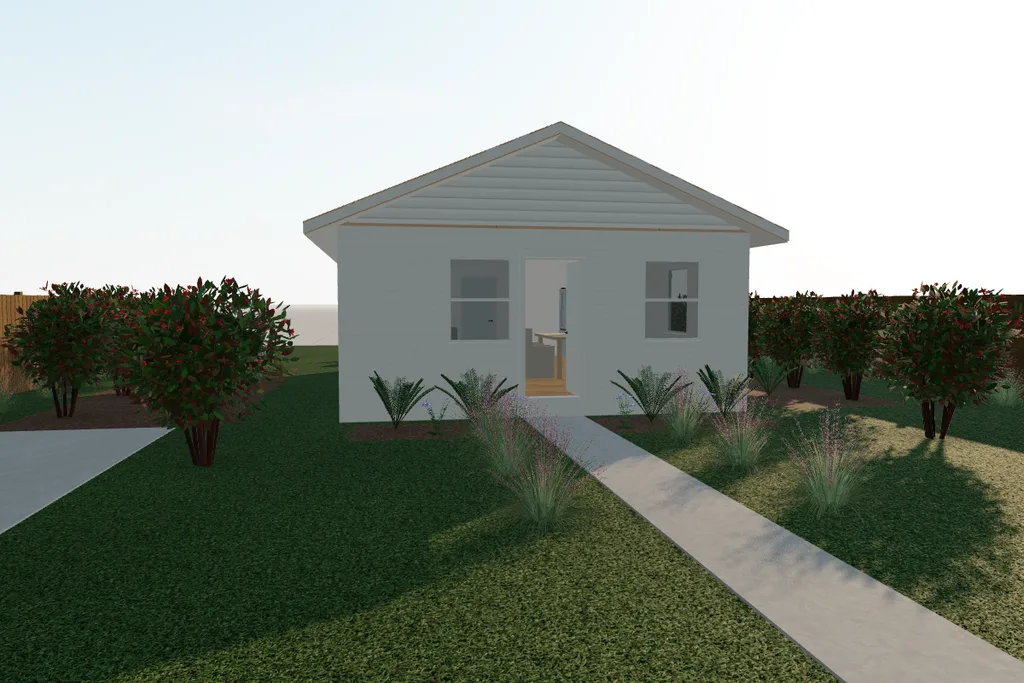 A small white house with a gable roof drawn in 3D, a walk to its open front door between grasses and shrubs